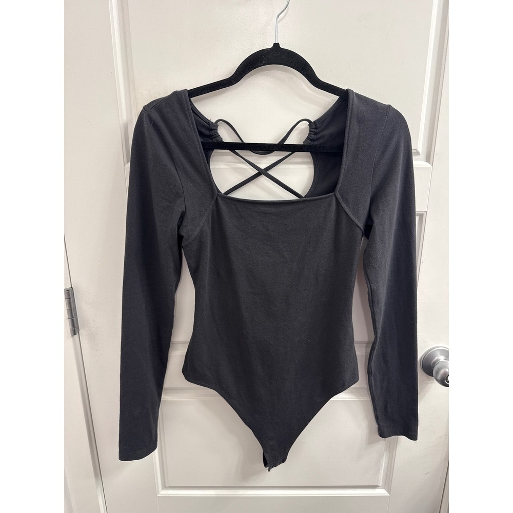 American Eagle Womens Black Long Sleeve Strappy Open Back Bodice Top Medium